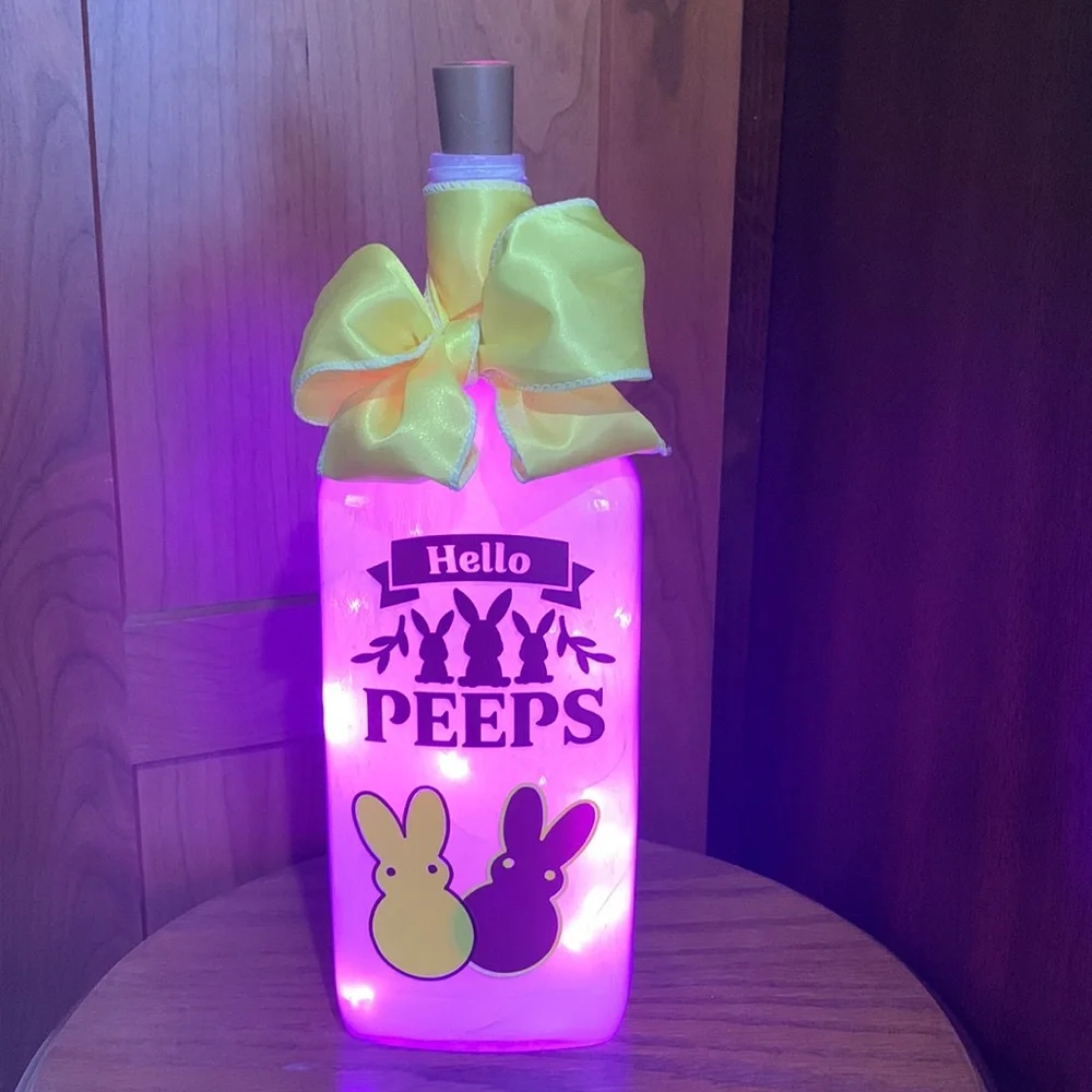 Hand Crafted ’Hello Peeps’ Bottle Lantern with Yellow Bow